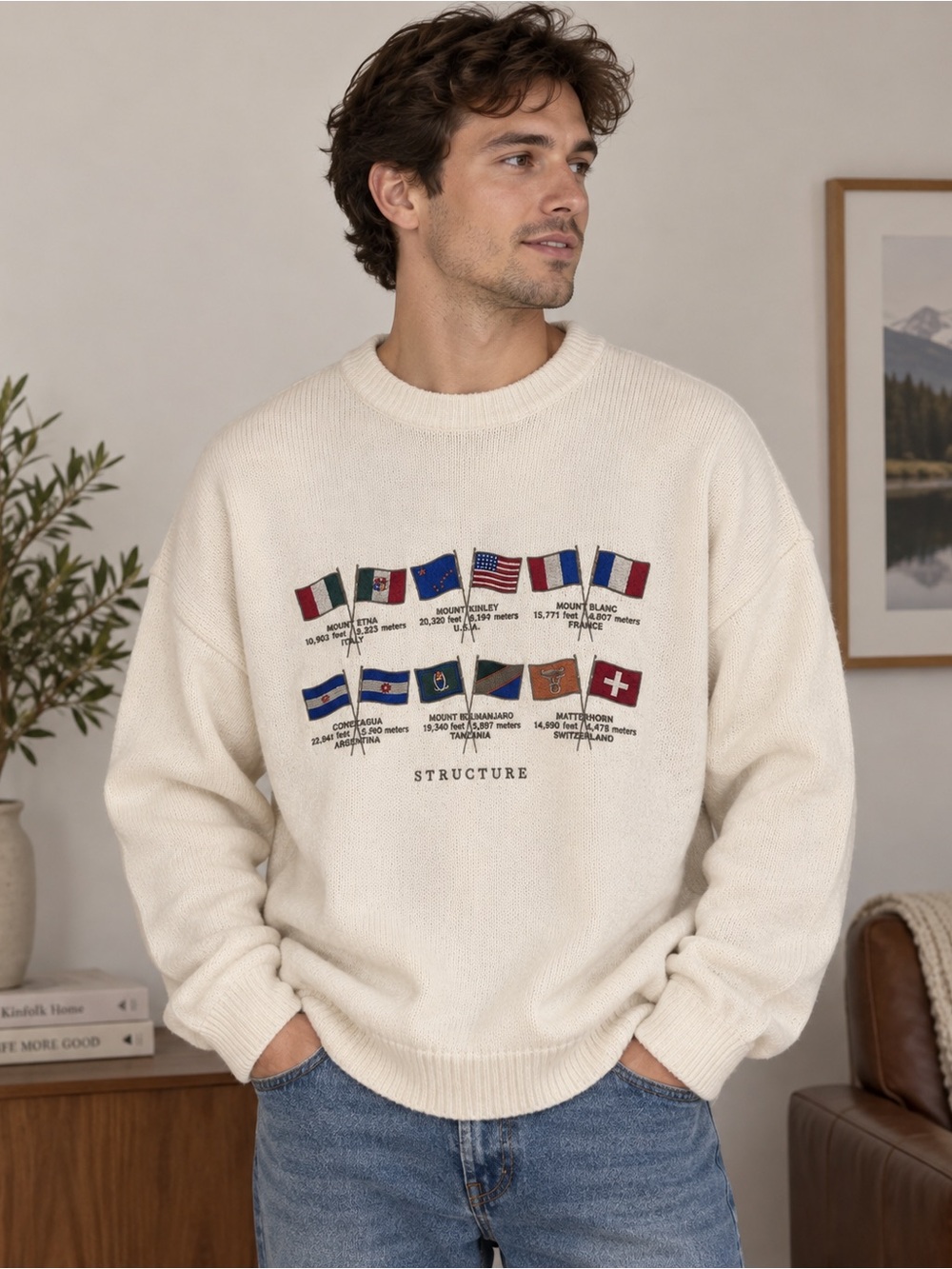 Structure Cream Crewneck Sweater with Multicolor Flag Graphic